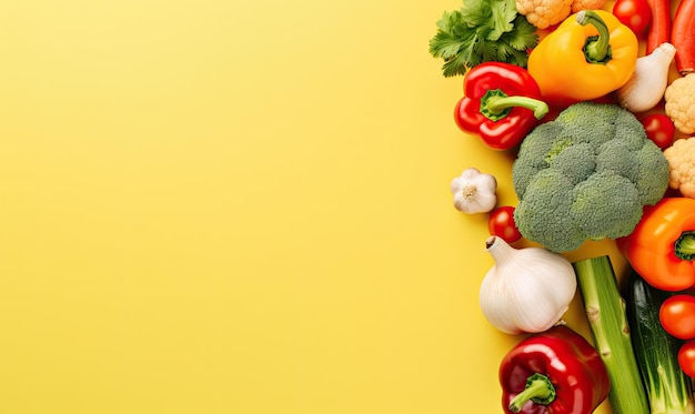 Fresh vegetables on yellow background Top view Copy space Cooking ingredient carrot tomatoes cucumber pepper broccoli onion Vegetarian organic food banner Created with generative AI tools