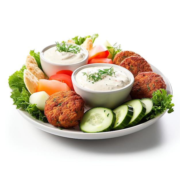 Fresh vegetarian falafel with tzatziki sauce and fresh vegetables isolated on white background