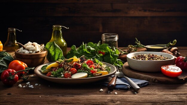 Foto pasto gourmet vegetariano fresco su tavolo in legno rustico