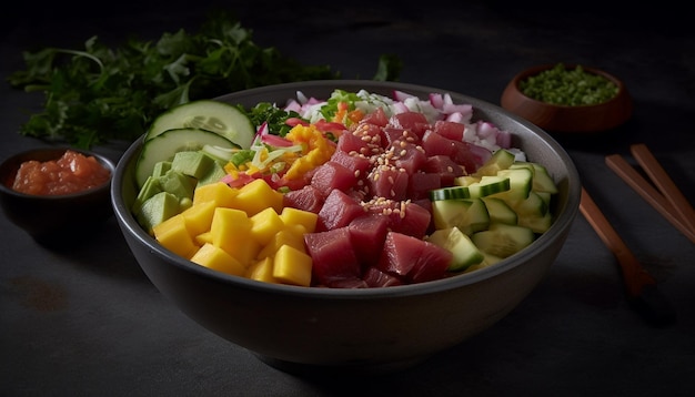 Fresh vegetarian salad bowl with tomato avocado and cilantro sauce generated by artificial intelligence