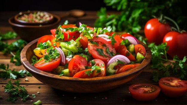 Photo fresh vegetarian salad with organic tomato parsley