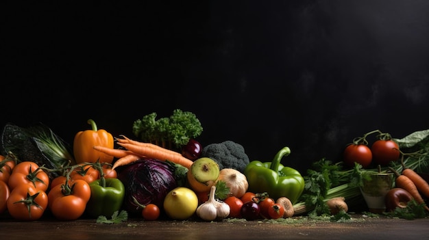 Fresh Veggie Border Organic vegetables on natural black background Ideal for healthy food designs Ai generated