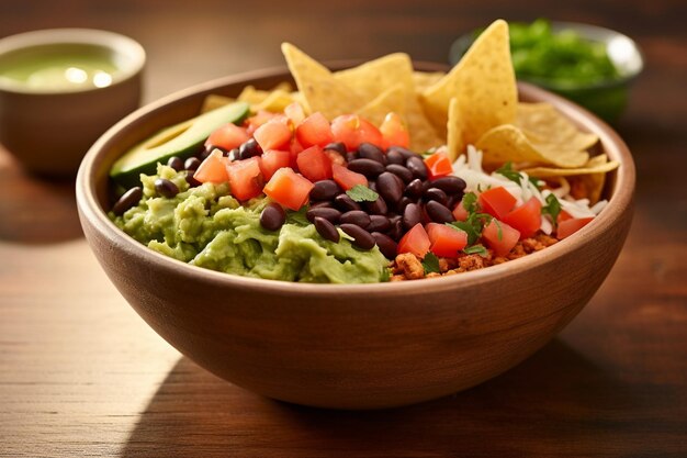 Photo fresh veggie taco bowl with homemade guac