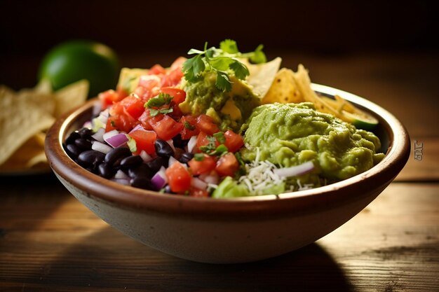 Fresh veggie taco bowl with homemade guac