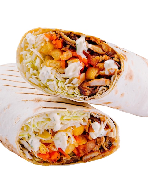 Photo fresh veggie wrap cut in half on white background