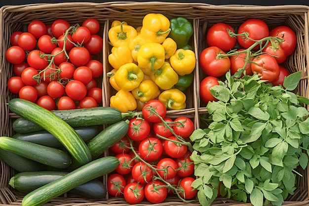 Fresh veggies in market basket tomatoes cucumbers eggplants beans