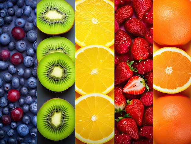 A fresh vibrant multicolored collage of various whole raw and sliced berries and fruits generative