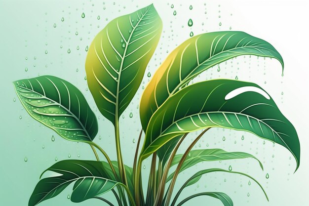 Fresh vibrant tropical plant with glossy leaves and water droplets