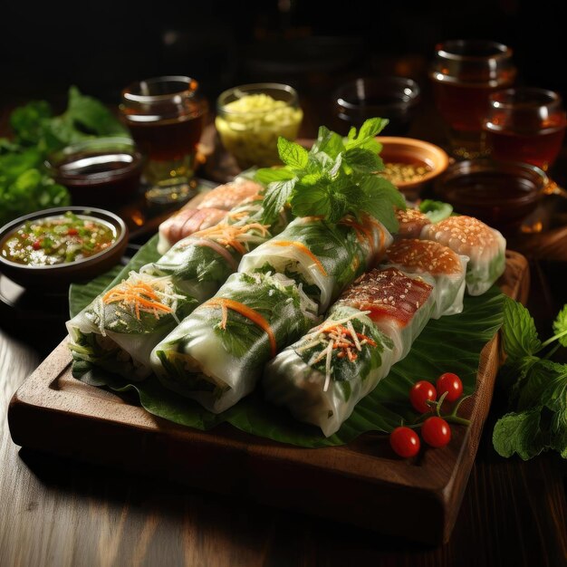 Fresh Vietnam spring rolls on a wooden board