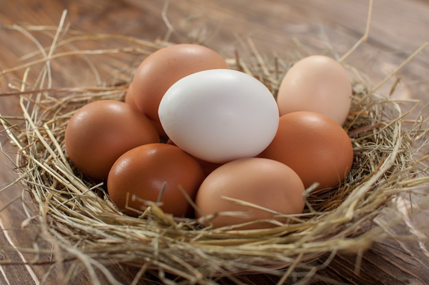 Fresh village chicken eggs on dark wooden background. Easter entourage.