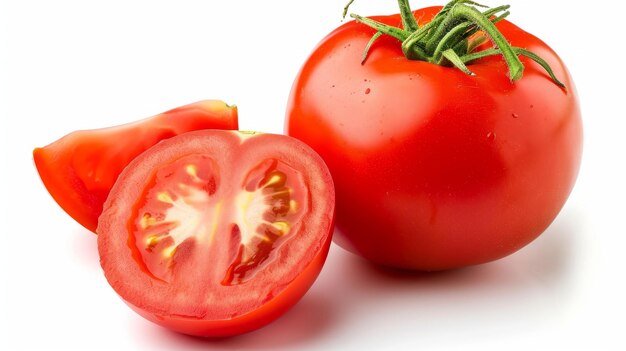 Fresh and Vivid Captivating Views of Whole and Sliced Ripe Tomatoes on a White Background