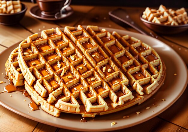 fresh waffle with ice cream and caramel sauce