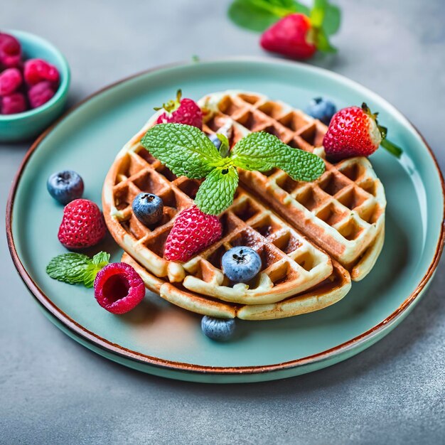 fresh waffles with berries sugar powder ant mint leaves