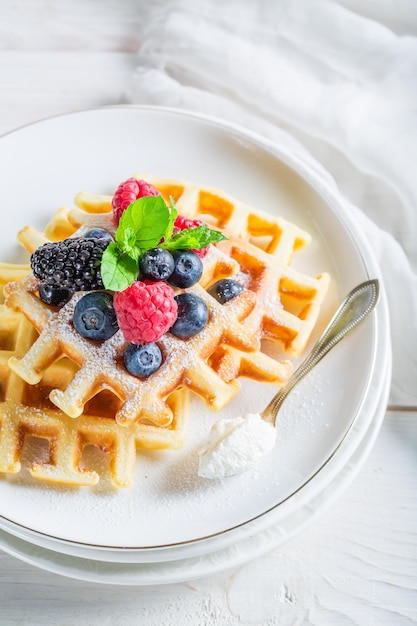 Fresh waffles with berry fruits for breakfast on white table