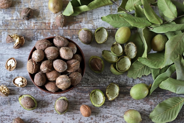 Fresh walnuts in a wooden bowl