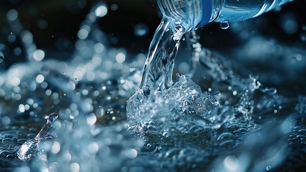 Fresh water flowing from bottle into glass close up view