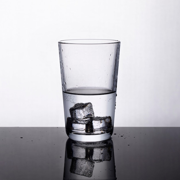 Fresh water glass with ice cubes