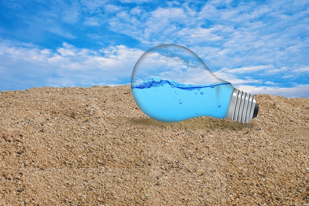 Fresh water in Light bulb on sand beach .