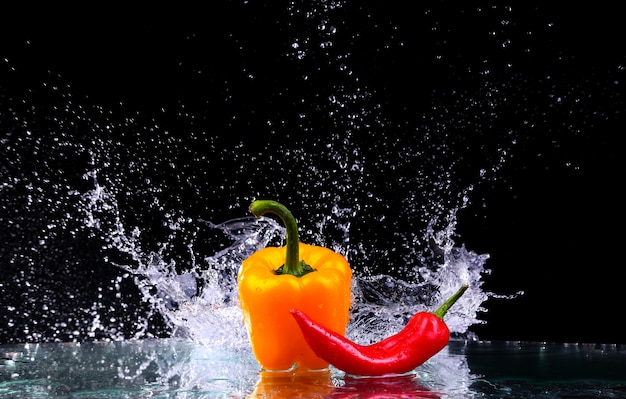 Fresh water splash of colorful peppers