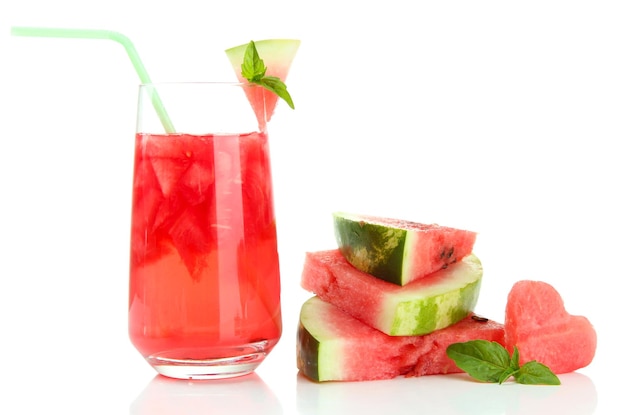 Fresh watermelon and glass of watermelon juice isolated on white