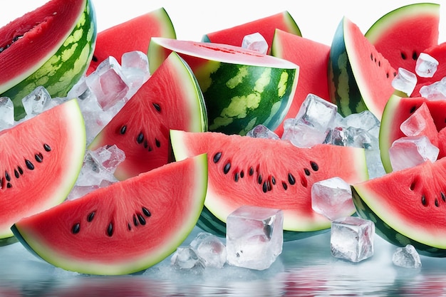 Photo fresh watermelon on ice cubes in isolated white paper background