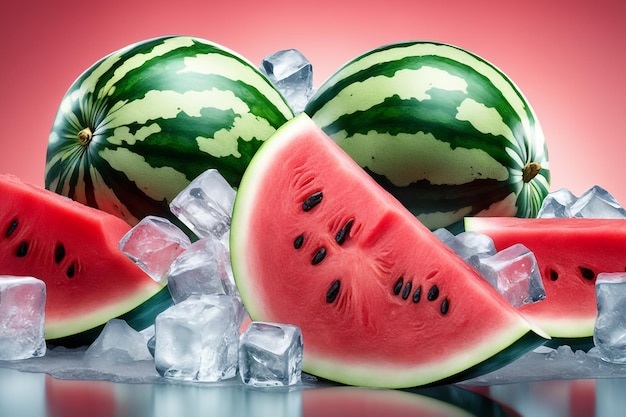 Foto melone d'acqua fresco su cubetti di ghiaccio su uno sfondo bianco isolato