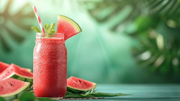 Fresh watermelon juice bottle with watermelon in a green surface with empty surface Generative AI