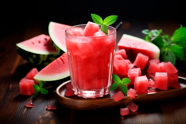 Photo fresh watermelon juice with ice in a glass slices of watermelon on the tablefresh watermelon juice