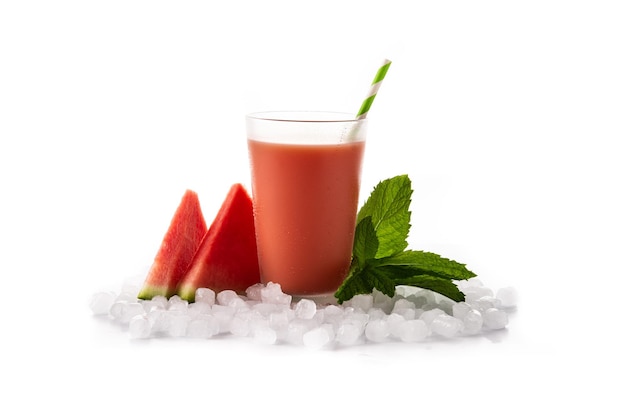 Fresh watermelon juice with ice isolated on white background