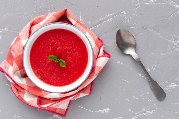 Fresh watermelon mint juice on gray background from above