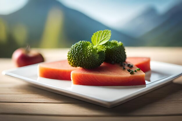 Fresh watermelon on a plate with a green leaf on the table