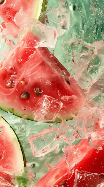 Fresh Watermelon Slice in water and ices top view Summer refreshing