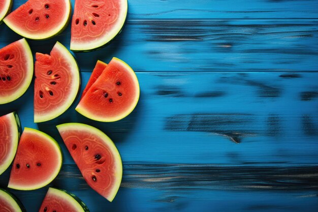 Fresh watermelon slices arranged on a blue background
