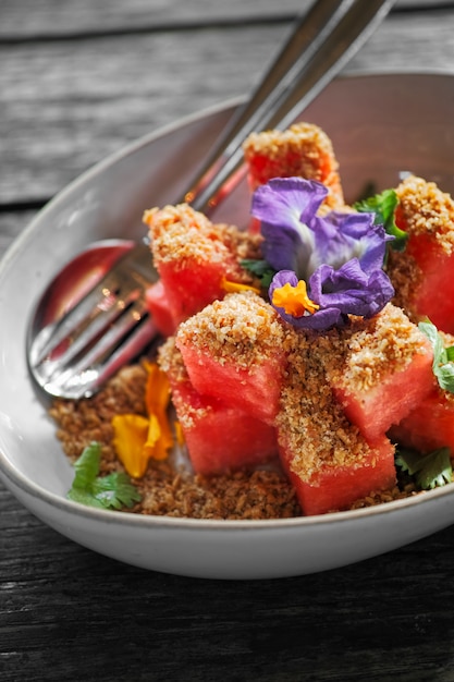 Fresh watermelon with dried crispy fish