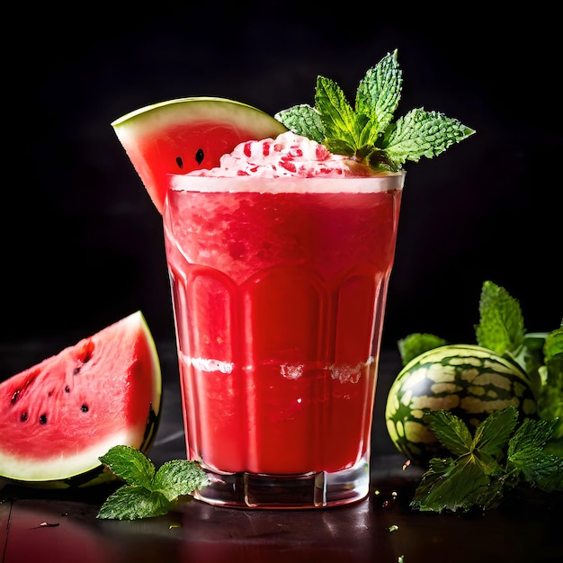 a fresh watermelon with watermelon in a glass of water ai generated