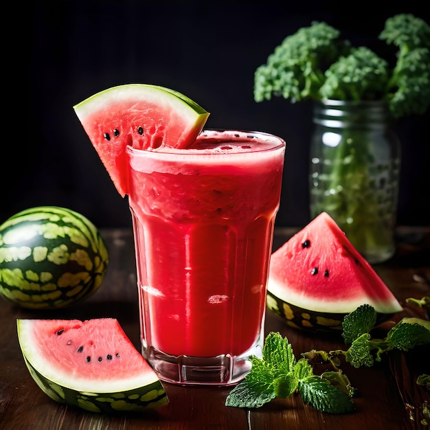 a fresh watermelon with watermelon in a glass of water ai generated