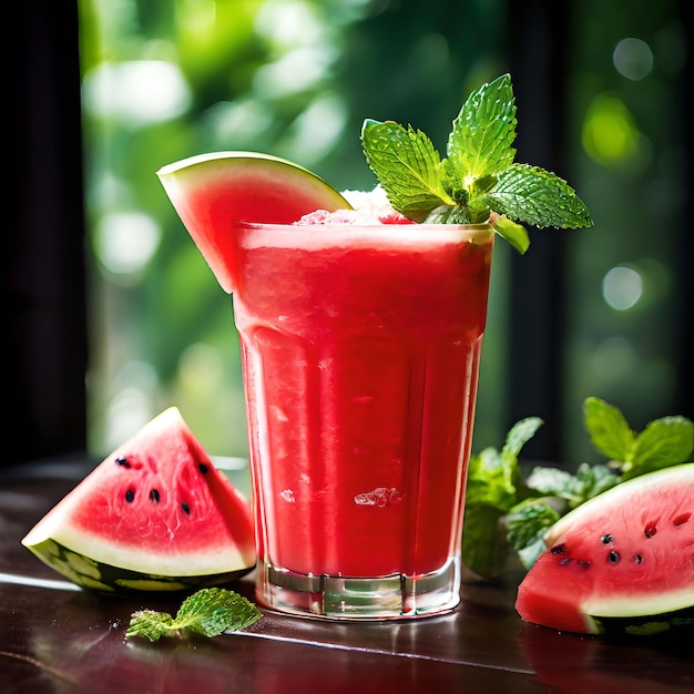 a fresh watermelon with watermelon in a glass of water ai generated