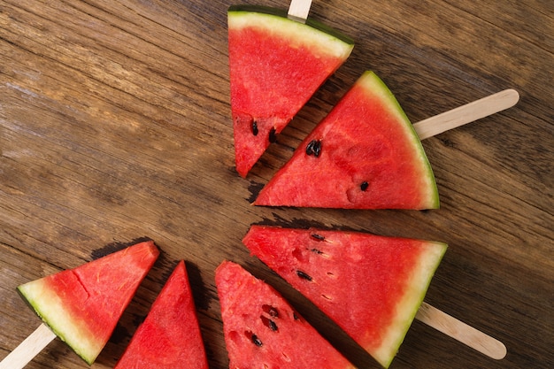 Fresh watermelon on a wooden background, Food top view 