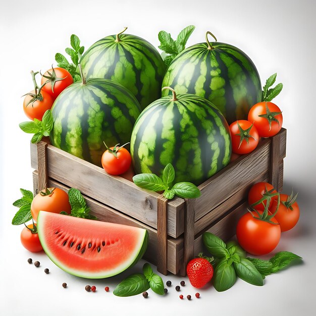 Fresh watermelons in a wooden box isolated on white background