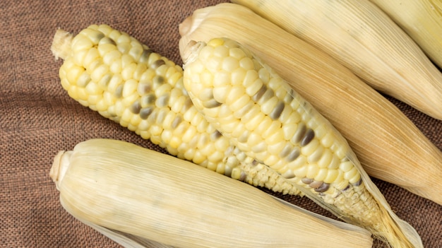 Fresh waxy corn on a wooden table.