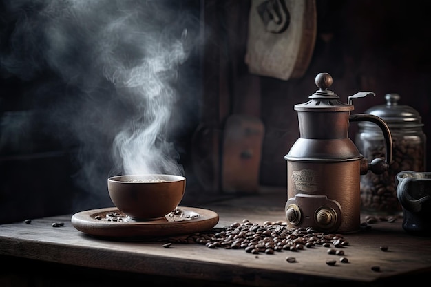 Fresh welcoming coffee in a rustic scene generative IA