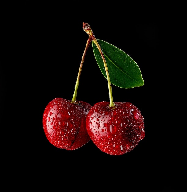 Fresh wet cherries isolated on black background