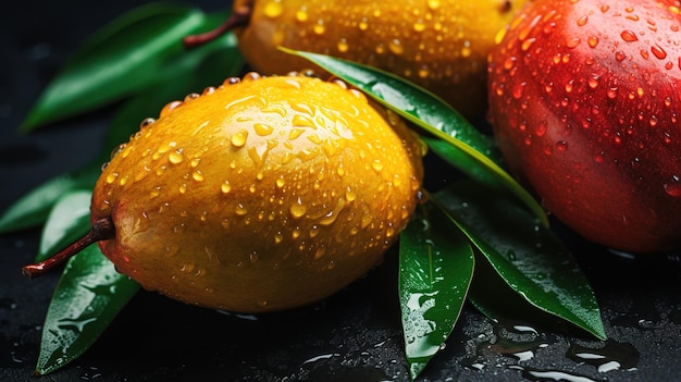 Fresh wet mango fruits with droplets on a dark background