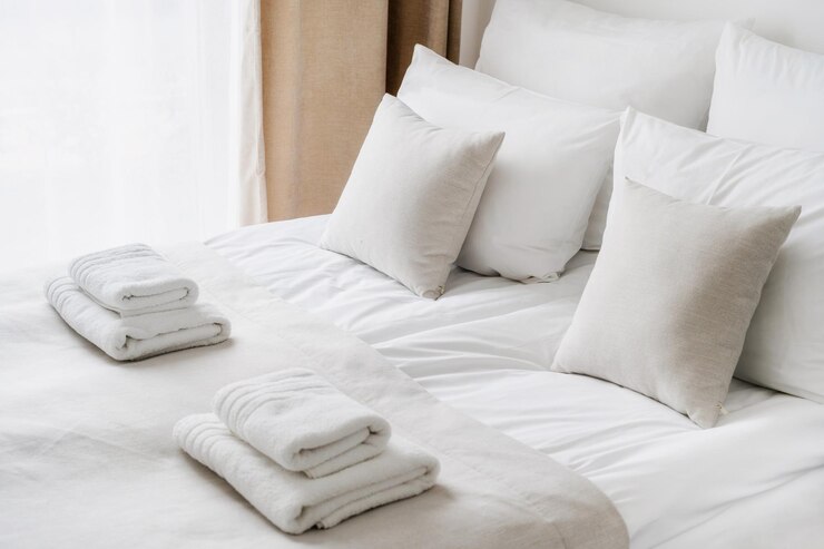 Photo fresh white bedclothes and towels on bed