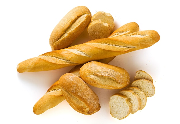 Fresh white bread baguette and bun isolated on a white background with seeds