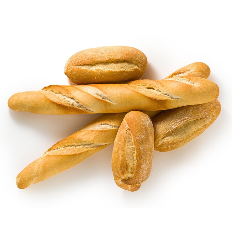 Fresh white bread baguette and bun isolated on a white background with seeds