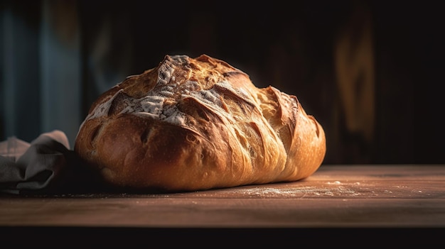 Fresh white bread on a wooden table baked goods