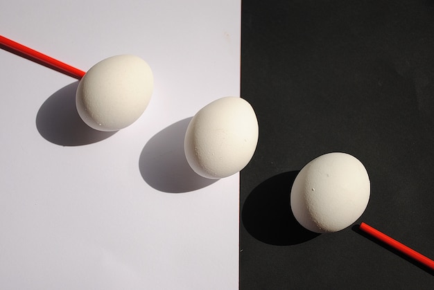 Fresh white eggs on  white and black background