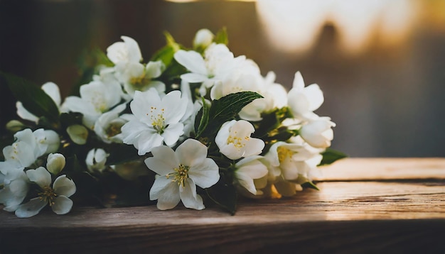 Fresh white flowers on wooden table Beautiful bouquet Spring or summer season