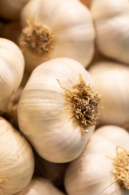 Fresh white garlic garlic in bulk close up of garlic background